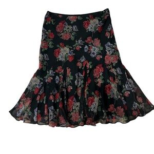 Lauren Ralph Lauren Floral Chiffon Midi Skirt Black Rose Flare Size M